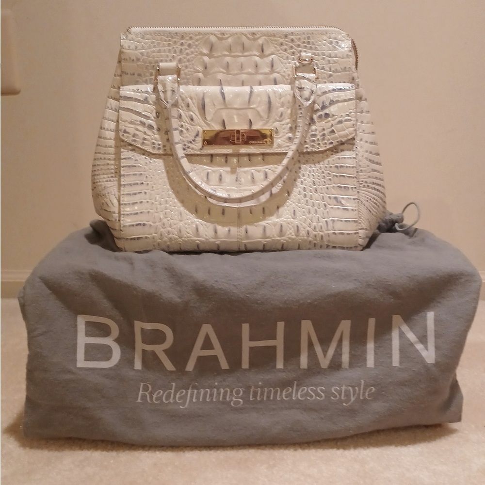 Brahmin White Croc-Embossed Satchel with Gold Hardware